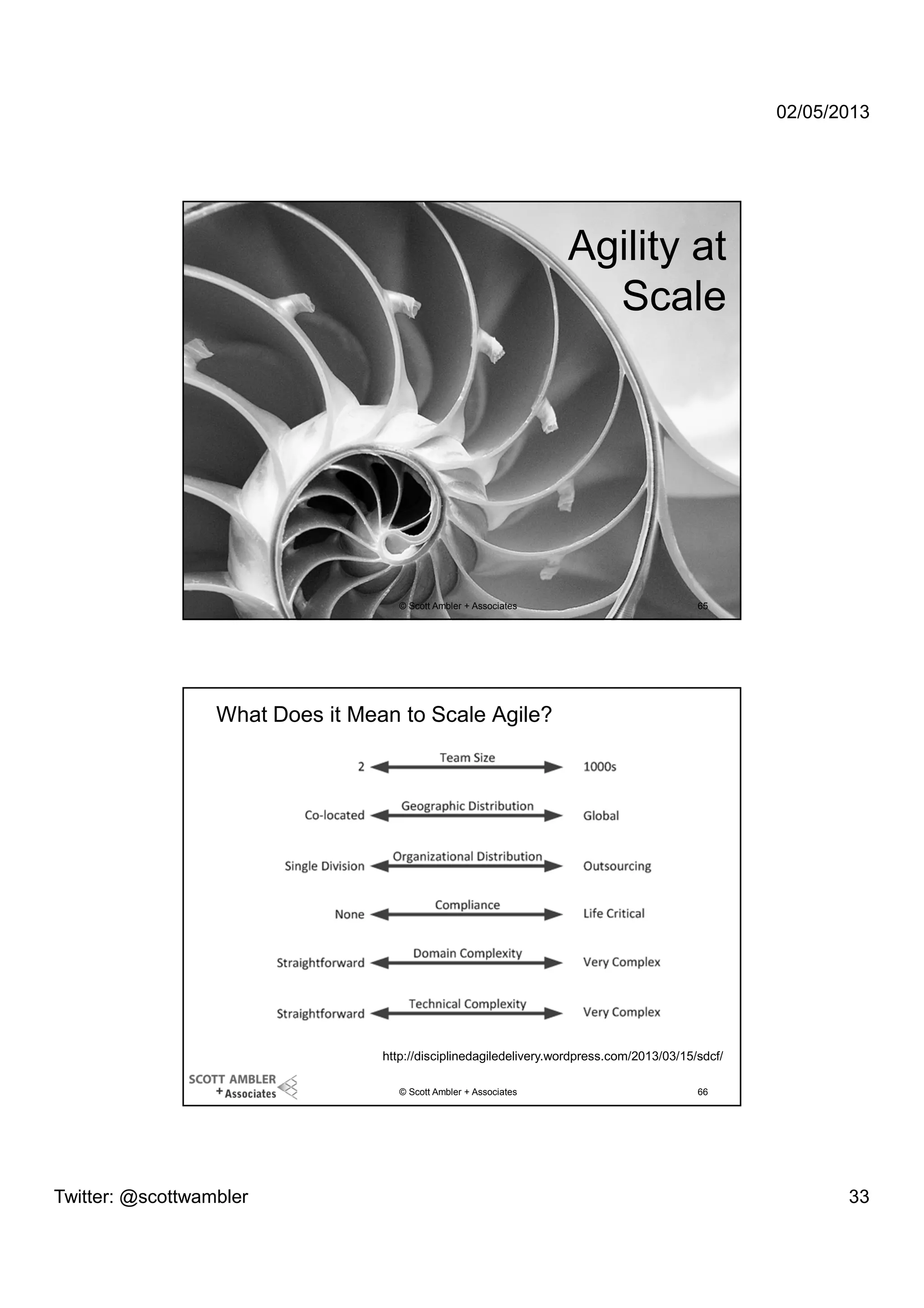 02/05/2013

Agility at
Scale

© Scott Ambler + Associates

65

What Does it Mean to Scale Agile?

http://disciplinedagiledelivery.wordpress.com/2013/03/15/sdcf/
© Scott Ambler + Associates

Twitter: @scottwambler

66

33

 