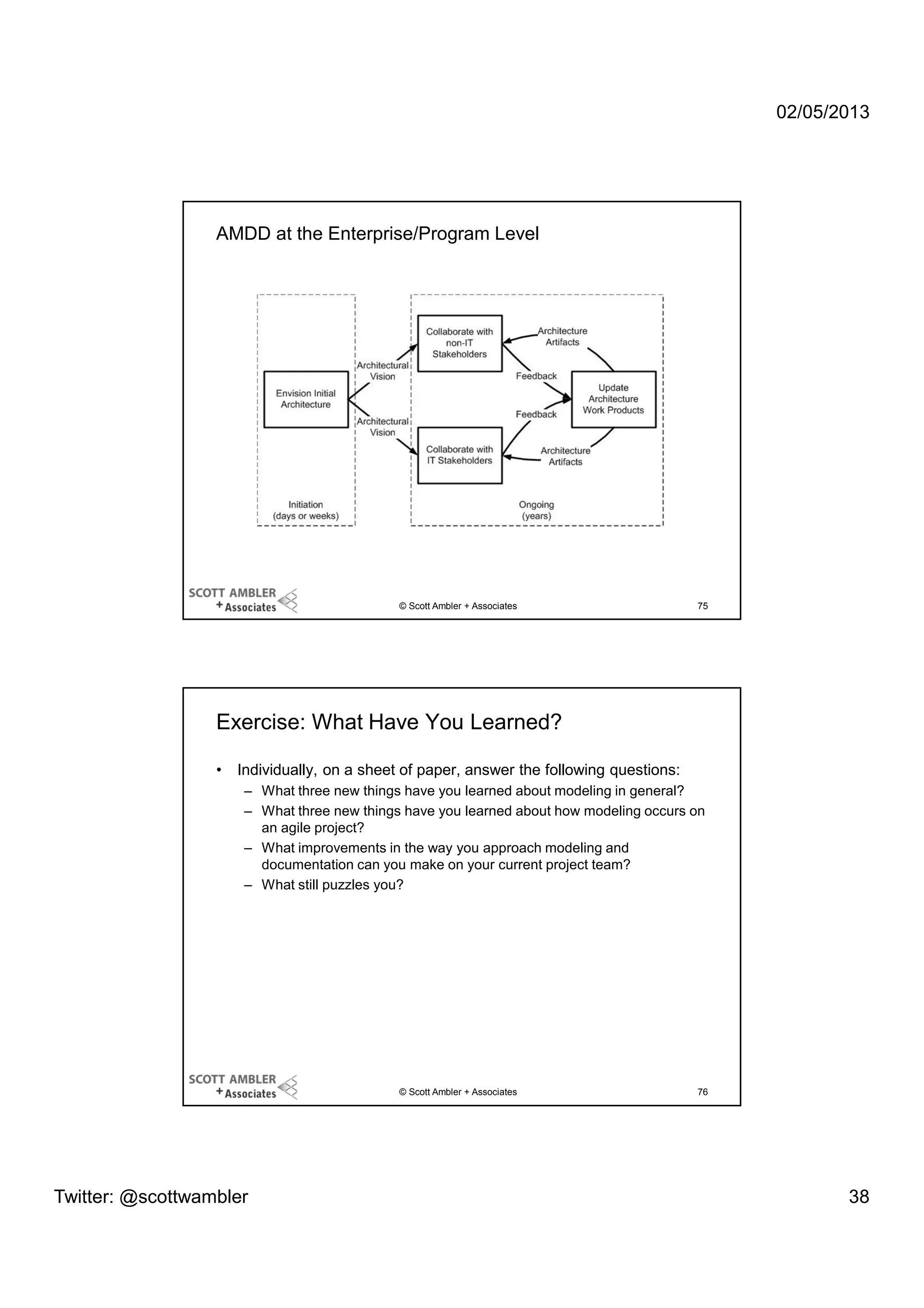 02/05/2013

AMDD at the Enterprise/Program Level

© Scott Ambler + Associates

75

Exercise: What Have You Learned?
•

Individually, on a sheet of paper, answer the following questions:
– What three new things have you learned about modeling in general?
– What three new things have you learned about how modeling occurs on
an agile project?
– What improvements in the way you approach modeling and
documentation can you make on your current project team?
– What still puzzles you?

© Scott Ambler + Associates

Twitter: @scottwambler

76

38

 