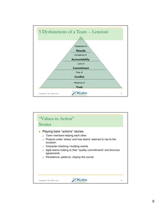 5 Dysfunctions of a Team -- Lencioni
Inattention to

Results
Avoidance of

Accountability
Lack of

Commitment
Fear of

Conflict
Absence of

Trust
Copyright © 2013 RGCG, LLC

17

“Values-in-Action”
Stories
Playing back “actions” stories
Team members helping each other
Projects under ‘stress’ and how teams’ seemed to rise to the
occasion
Character checking / building events
Agile teams holding to their “quality commitments” and time-box
agreements
Persistence, patience, staying the course

Copyright © 2013 RGCG, LLC

18

9

 