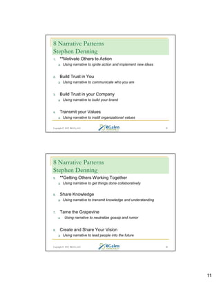 8 Narrative Patterns
Stephen Denning
1.

**Motivate Others to Action
Using narrative to ignite action and implement new ideas

2.

Build Trust in You
Using narrative to communicate who you are

3.

Build Trust in your Company
Using narrative to build your brand

4.

Transmit your Values
Using narrative to instill organizational values

Copyright © 2013 RGCG, LLC

21

8 Narrative Patterns
Stephen Denning
5.

**Getting Others Working Together
Using narrative to get things done collaboratively

6.

Share Knowledge
Using narrative to transmit knowledge and understanding

7.

Tame the Grapevine
Using narrative to neutralize gossip and rumor

8.

Create and Share Your Vision
Using narrative to lead people into the future

Copyright © 2013 RGCG, LLC

22

11

 
