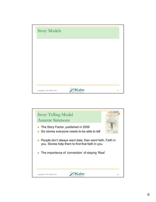 Story Models

Copyright © 2013 RGCG, LLC

11

Story Telling Model
Annette Simmons
The Story Factor, published in 2006
Six stories everyone needs to be able to tell
People don’t always want data, then want faith. Faith in
you. Stories help them to find that faith in you.
The importance of ‘connection’ of staying ‘Real’

Copyright © 2013 RGCG, LLC

12

6

 