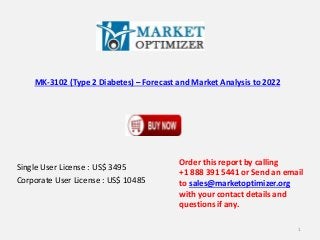 MK-3102 (Type 2 Diabetes) – Forecast and Market Analysis to 2022 
Single User License : US$ 3495 
Corporate User License : US$ 10485 
Order this report by calling 
+1 888 391 5441 or Send an email 
to sales@marketoptimizer.org 
with your contact details and 
questions if any. 
1 
 
