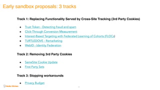 24
Early sandbox proposals: 3 tracks
Track 1: Replacing Functionality Served by Cross-Site Tracking (3rd Party Cookies)
● Trust Token - Detecting fraud and spam
● Click-Through Conversion Measurement
● Interest-Based Targeting with Federated Learning of Cohorts (FLOCs)
● TURTLEDOVE - Remarketing
● WebID - Identity Federation
Track 2: Removing 3rd Party Cookies
● SameSite Cookie Update
● First Party Sets
Track 3: Stopping workarounds 
● Privacy Budget
 