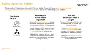 Buying platforms: Verizon
48
With a wealth of 1st party identifiers within Verizon Media, Verizon will focus on persistent identity,
privacy protection and consumer controls as we look ahead to holistic privacy solutions.
Remarketing
Verizon will incentivize consumers through
experiences, subscriptions and transactions
to increase their collection of 1st party data.
In areas of audience blind spots, marketers
will have to tap into more contextual-based
targeting for inferred audience reach
O&O publisher properties allow for a direct
ability to make technical updates. Owned
gated content can require opt-in user data in
exchange for access.
Activate CRM to deterministically match
to Publisher CRM for accurate and
effective targeting
Focus on contextual signals like
content, location etc. that can be
leveraged within Verizon’s ecosystem
without the use of third party cookies
Leverage measurement solutions
within Verizon ecosystem to capitalize
on Verizon 1P cookies
Prospecting
Paid Media
Tactics
How are paid
media tactics
impacted?
How will
advertisers need to
adapt?
 