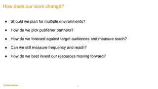 How does our work change?
! Should we plan for multiple environments? 
! How do we pick publisher partners?
! How do we forecast against target audiences and measure reach?
! Can we still measure frequency and reach?
! How do we best invest our resources moving forward?
60
 
