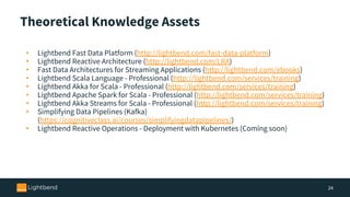 Theoretical Knowledge Assets
• Lightbend Fast Data Platform (http://lightbend.com/fast-data-platform)
• Lightbend Reactive Architecture (http://lightbend.com/LRA)
• Fast Data Architectures for Streaming Applications (http://lightbend.com/ebooks)
• Lightbend Scala Language - Professional (http://lightbend.com/services/training)
• Lightbend Akka for Scala - Professional (http://lightbend.com/services/training)
• Lightbend Apache Spark for Scala - Professional (http://lightbend.com/services/training)
• Lightbend Akka Streams for Scala - Professional (http://lightbend.com/services/training)
• Simplifying Data Pipelines (Kafka)
(https://cognitiveclass.ai/courses/simplifyingdatapipelines/)
• Lightbend Reactive Operations - Deployment with Kubernetes (Coming soon)
24
 