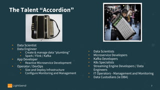 The Talent “Accordion”
• Data Scientist
• Data Engineer
• Create & manage data “plumbing”
• Spark / Flink / Kafka
• App Developer
• Reactive Microservice Development
• Operator / DevOps
• Size and Deploy Infrastructure
• Configure Monitoring and Management
7
• Data Scientists
• Microservice Developers
• Kafka Developers
• K8s Specialists
• Streaming Engine Developers / Data
Engineers
• IT Operators - Management and Monitoring
• Data Custodians (ie DBA)
 