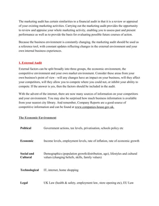 The marketing audit has certain similarities to a financial audit in that it is a review or appraisal
of your existing marketing activities. Carrying out the marketing audit provides the opportunity
to review and appraise your whole marketing activity, enabling you to assess past and present
performance as well as to provide the basis for evaluating possible future courses of action.

Because the business environment is constantly changing, the marketing audit should be used as
a reference tool, with constant updates reflecting changes in the external environment and your
own internal business experiences.


1. External Audit
External factors can be split broadly into three groups, the economic environment, the
competitive environment and your own market environment. Consider these areas from your
own business's point of view - will any changes have an impact on your business, will they affect
your competitors, will they allow you to compete where you could not, or inhibit your ability to
compete. If the answer is yes, then the factors should be included in the audit.

With the advent of the internet, there are now many sources of information on your competitors
and your environment. You may also be surprised how much business information is available
from your nearest city library. And remember, Company Reports are a good source of
competitive information and can be found at www.companies-house.gov.uk.


The Economic Environment


 Political           Government actions, tax levels, privatisation, schools policy etc



 Economic            Income levels, employment levels, rate of inflation, rate of economic growth



 Social and          Demographics (population growth/distribution, age), lifestyles and cultural
 Cultural            values (changing beliefs, skills, family values)



 Technological       IT, internet, home shopping



 Legal               UK Law (health & safety, employment law, store opening etc), EU Law
 