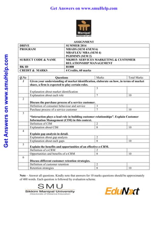 GetAnswersonwww.smuHelp.com
ASSIGNMENT
DRIVE SUMMER 2014
PROGRAM MBADS (SEM 4/SEM 6)
MBAFLEX/ MBA (SEM 4)
PGDMMN (SEM 2)
SUBJECT CODE & NAME MK0015- SERVICES MARKETING & CUSTOMER
RELATIONSHIP MANAGEMENT
BK ID B1808
CREDIT & MARKS 4 Credits, 60 marks
Q.No Questions Marks Total Marks
1 Given your understanding of market identification, elaborate on how, in terms of market
share, a firm is expected to play certain roles.
Explanation about market identification
3
Explanation about each role 7 10
2
Discuss the purchase process of a service customer.
Definition of consumer behaviour and service 3
Purchase process of a service customer 7 10
3
“Interaction plays a lead role in building customer relationships”. Explain Customer
Information Management (CIM) in this context.
Definition of CIM 2
Explanation about CIM 8 10
4
Explain gap analysis in detail.
Explanation about gap analysis 2
Explanation about each gaps 8 10
5
Explain the benefits and opportunities of an effective e-CRM.
Definition of e-CRM 2
Opportunities and benefits of e-CRM 8 10
6
Discuss different customer retention strategies.
Definition of customer retention 2
Retention strategies 8 10
Note – Answer all questions. Kindly note that answers for 10 marks questions should be approximately
of 400 words. Each question is followed by evaluation scheme.
Get Answers on www.smuHelp.com
 