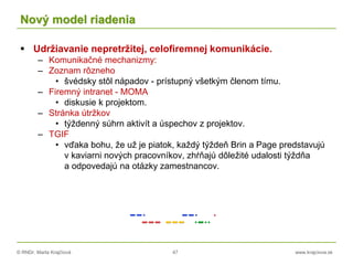 © RNDr. Marta Krajčíová 47 www.krajciova.sk
Nový model riadenia
 Udržiavanie nepretržitej, celofiremnej komunikácie.
– Komunikačné mechanizmy:
– Zoznam rôzneho
• švédsky stôl nápadov - prístupný všetkým členom tímu.
– Firemný intranet - MOMA
• diskusie k projektom.
– Stránka útržkov
• týždenný súhrn aktivít a úspechov z projektov.
– TGIF
• vďaka bohu, že už je piatok, každý týždeň Brin a Page predstavujú
v kaviarni nových pracovníkov, zhŕňajú dôležité udalosti týždňa
a odpovedajú na otázky zamestnancov.
 