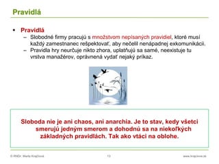 © RNDr. Marta Krajčíová 13 www.krajciova.sk
Pravidlá
 Pravidlá
– Slobodné firmy pracujú s množstvom nepísaných pravidiel, ktoré musí
každý zamestnanec rešpektovať, aby nečelil nenápadnej exkomunikácii.
– Pravidla hry neurčuje nikto zhora, uplatňujú sa samé, neexistuje tu
vrstva manažérov, oprávnená vydať nejaký príkaz.
Sloboda nie je ani chaos, ani anarchia. Je to stav, kedy všetci
smerujú jedným smerom a dohodnú sa na niekoľkých
základných pravidlách. Tak ako vtáci na oblohe.
 