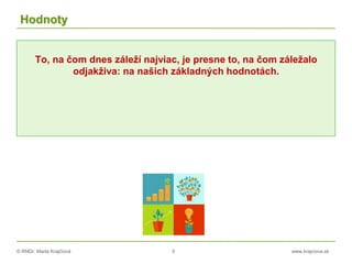 © RNDr. Marta Krajčíová 5 www.krajciova.sk
Hodnoty
To, na čom dnes záleží najviac, je presne to, na čom záležalo
odjakživa: na našich základných hodnotách.
 