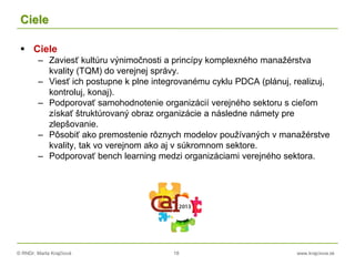© RNDr. Marta Krajčíová 18 www.krajciova.sk
Ciele
 Ciele
– Zaviesť kultúru výnimočnosti a princípy komplexného manažérstva
kvality (TQM) do verejnej správy.
– Viesť ich postupne k plne integrovanému cyklu PDCA (plánuj, realizuj,
kontroluj, konaj).
– Podporovať samohodnotenie organizácií verejného sektoru s cieľom
získať štruktúrovaný obraz organizácie a následne námety pre
zlepšovanie.
– Pôsobiť ako premostenie rôznych modelov používaných v manažérstve
kvality, tak vo verejnom ako aj v súkromnom sektore.
– Podporovať bench learning medzi organizáciami verejného sektora.
 