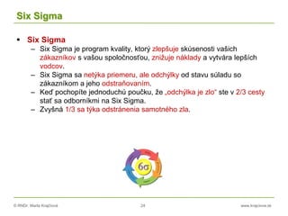 © RNDr. Marta Krajčíová 24 www.krajciova.sk
Six Sigma
 Six Sigma
– Six Sigma je program kvality, ktorý zlepšuje skúsenosti vašich
zákazníkov s vašou spoločnosťou, znižuje náklady a vytvára lepších
vodcov.
– Six Sigma sa netýka priemeru, ale odchýlky od stavu súladu so
zákazníkom a jeho odstraňovaním.
– Keď pochopíte jednoduchú poučku, že „odchýlka je zlo“ ste v 2/3 cesty
stať sa odborníkmi na Six Sigma.
– Zvyšná 1/3 sa týka odstránenia samotného zla.
 