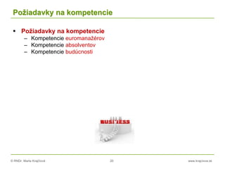 © RNDr. Marta Krajčíová 20 www.krajciova.sk
Požiadavky na kompetencie
 Požiadavky na kompetencie
– Kompetencie euromanažérov
– Kompetencie absolventov
– Kompetencie budúcnosti
 