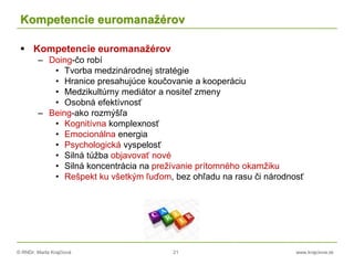 © RNDr. Marta Krajčíová 21 www.krajciova.sk
Kompetencie euromanažérov
 Kompetencie euromanažérov
– Doing-čo robí
• Tvorba medzinárodnej stratégie
• Hranice presahujúce koučovanie a kooperáciu
• Medzikultúrny mediátor a nositeľ zmeny
• Osobná efektívnosť
– Being-ako rozmýšľa
• Kognitívna komplexnosť
• Emocionálna energia
• Psychologická vyspelosť
• Silná túžba objavovať nové
• Silná koncentrácia na prežívanie prítomného okamžiku
• Rešpekt ku všetkým ľuďom, bez ohľadu na rasu či národnosť
 
