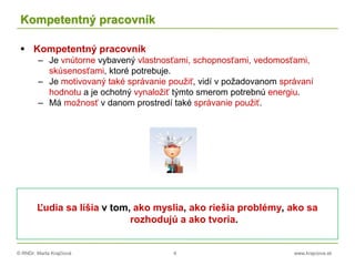 © RNDr. Marta Krajčíová 4 www.krajciova.sk
Kompetentný pracovník
 Kompetentný pracovník
– Je vnútorne vybavený vlastnosťami, schopnosťami, vedomosťami,
skúsenosťami, ktoré potrebuje.
– Je motivovaný také správanie použiť, vidí v požadovanom správaní
hodnotu a je ochotný vynaložiť týmto smerom potrebnú energiu.
– Má možnosť v danom prostredí také správanie použiť.
Ľudia sa líšia v tom, ako myslia, ako riešia problémy, ako sa
rozhodujú a ako tvoria.
 