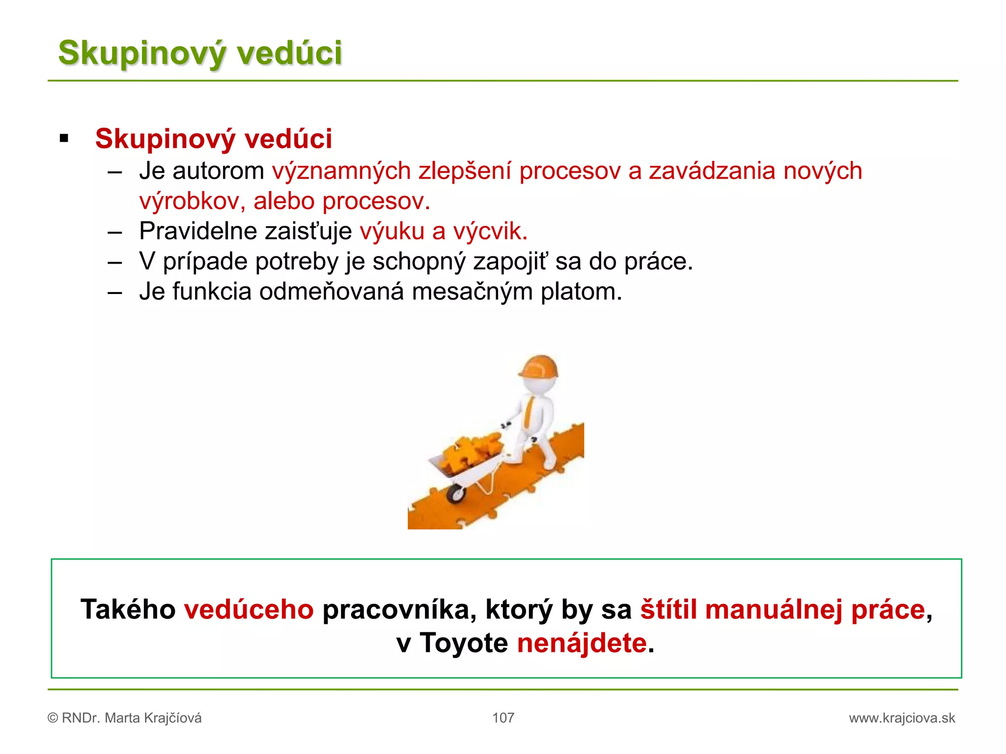 © RNDr. Marta Krajčíová 107 www.krajciova.sk
Skupinový vedúci
 Skupinový vedúci
– Je autorom významných zlepšení procesov a zavádzania nových
výrobkov, alebo procesov.
– Pravidelne zaisťuje výuku a výcvik.
– V prípade potreby je schopný zapojiť sa do práce.
– Je funkcia odmeňovaná mesačným platom.
Takého vedúceho pracovníka, ktorý by sa štítil manuálnej práce,
v Toyote nenájdete.
 