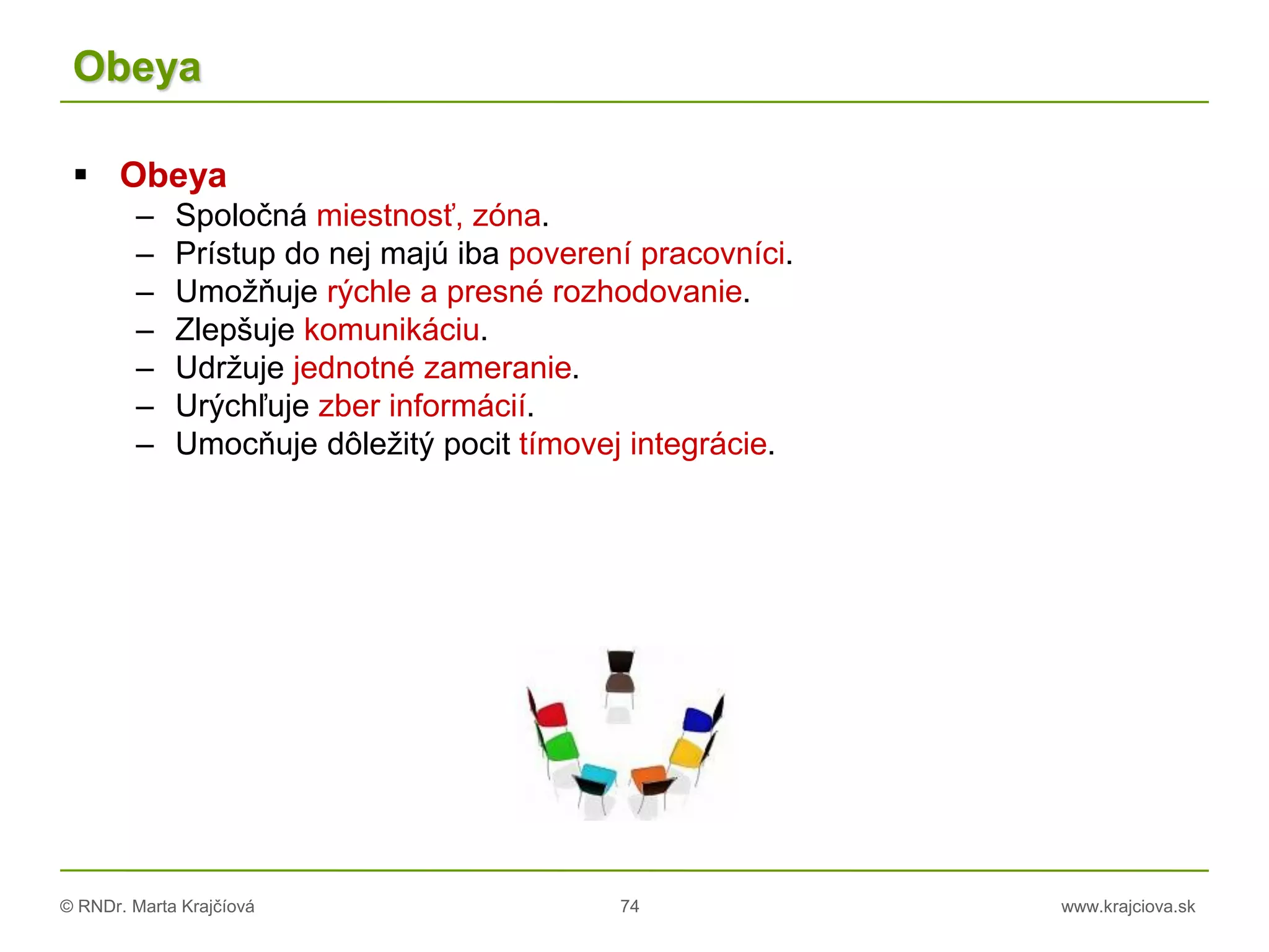 © RNDr. Marta Krajčíová 74 www.krajciova.sk
Obeya
 Obeya
– Spoločná miestnosť, zóna.
– Prístup do nej majú iba poverení pracovníci.
– Umožňuje rýchle a presné rozhodovanie.
– Zlepšuje komunikáciu.
– Udržuje jednotné zameranie.
– Urýchľuje zber informácií.
– Umocňuje dôležitý pocit tímovej integrácie.
 