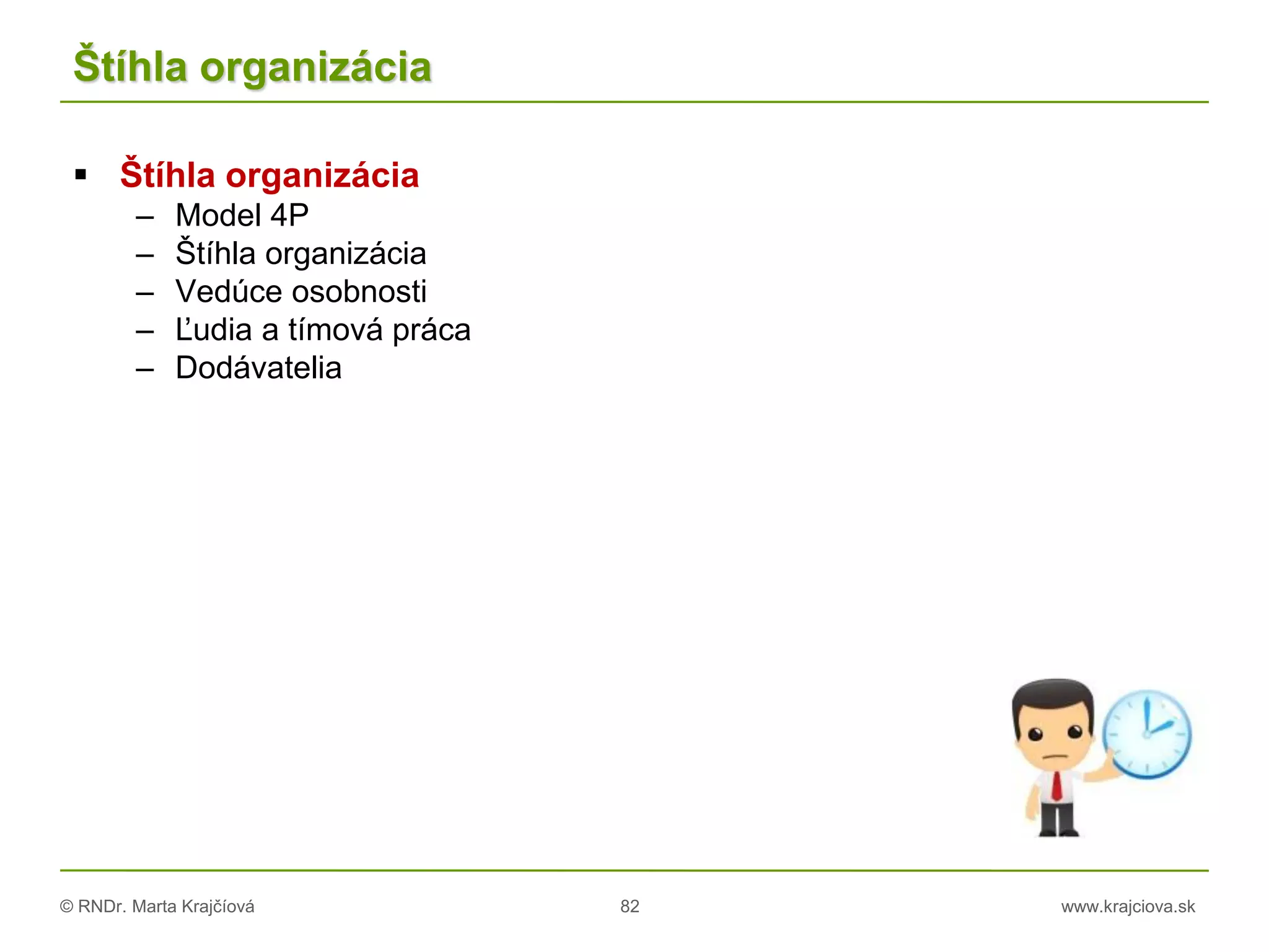 © RNDr. Marta Krajčíová 82 www.krajciova.sk
Štíhla organizácia
 Štíhla organizácia
– Model 4P
– Štíhla organizácia
– Vedúce osobnosti
– Ľudia a tímová práca
– Dodávatelia
 