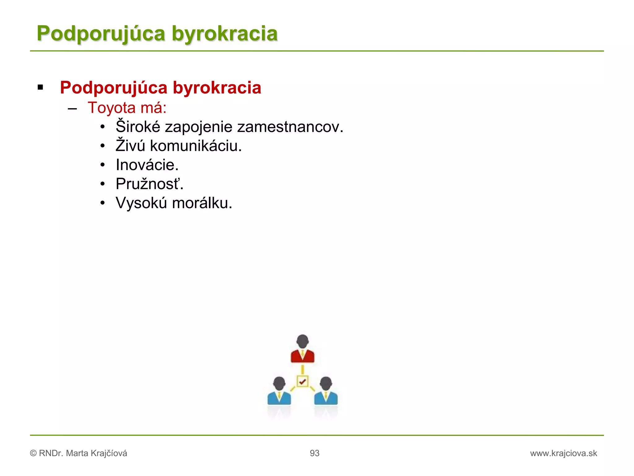 © RNDr. Marta Krajčíová 93 www.krajciova.sk
Podporujúca byrokracia
 Podporujúca byrokracia
– Toyota má:
• Široké zapojenie zamestnancov.
• Živú komunikáciu.
• Inovácie.
• Pružnosť.
• Vysokú morálku.
 