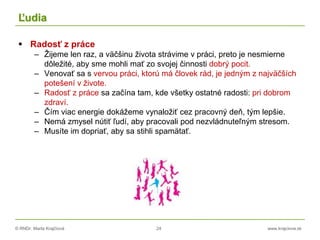 © RNDr. Marta Krajčíová 24 www.krajciova.sk
Ľudia
 Radosť z práce
– Žijeme len raz, a väčšinu života strávime v práci, preto je nesmierne
dôležité, aby sme mohli mať zo svojej činnosti dobrý pocit.
– Venovať sa s vervou práci, ktorú má človek rád, je jedným z najväčších
potešení v živote.
– Radosť z práce sa začína tam, kde všetky ostatné radosti: pri dobrom
zdraví.
– Čím viac energie dokážeme vynaložiť cez pracovný deň, tým lepšie.
– Nemá zmysel nútiť ľudí, aby pracovali pod nezvládnuteľným stresom.
– Musíte im dopriať, aby sa stihli spamätať.
 