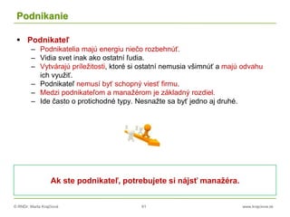 © RNDr. Marta Krajčíová 61 www.krajciova.sk
Podnikanie
 Podnikateľ
– Podnikatelia majú energiu niečo rozbehnúť.
– Vidia svet inak ako ostatní ľudia.
– Vytvárajú príležitosti, ktoré si ostatní nemusia všimnúť a majú odvahu
ich využiť.
– Podnikateľ nemusí byť schopný viesť firmu.
– Medzi podnikateľom a manažérom je základný rozdiel.
– Ide často o protichodné typy. Nesnažte sa byť jedno aj druhé.
Ak ste podnikateľ, potrebujete si nájsť manažéra.
 