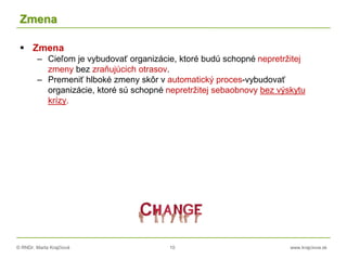 © RNDr. Marta Krajčíová 10 www.krajciova.sk
Zmena
 Zmena
– Cieľom je vybudovať organizácie, ktoré budú schopné nepretržitej
zmeny bez zraňujúcich otrasov.
– Premeniť hlboké zmeny skôr v automatický proces-vybudovať
organizácie, ktoré sú schopné nepretržitej sebaobnovy bez výskytu
krízy.
 