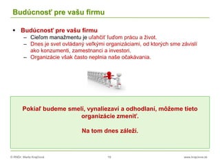 © RNDr. Marta Krajčíová 19 www.krajciova.sk
Budúcnosť pre vašu firmu
 Budúcnosť pre vašu firmu
– Cieľom manažmentu je uľahčiť ľuďom prácu a život.
– Dnes je svet ovládaný veľkými organizáciami, od ktorých sme závislí
ako konzumenti, zamestnanci a investori.
– Organizácie však často neplnia naše očakávania.
Pokiaľ budeme smelí, vynaliezaví a odhodlaní, môžeme tieto
organizácie zmeniť.
Na tom dnes záleží.
 