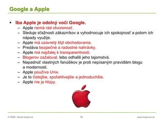 © RNDr. Marta Krajčíová 59 www.krajciova.sk
Google a Apple
 Iba Apple je odolný voči Google.
– Apple nemá rád otvorenosť.
– Sleduje sťažnosti zákazníkov a vyhodnocuje ich spokojnosť a potom ich
nápady využije.
– Apple má uzavretý štýl obchodovania.
– Predáva bezpečné a radostné nahrávky.
– Apple má najďalej k transparentnosti.
– Blogerov zažaloval, lebo odhalili jeho tajomstvá.
– Napadnúť vlastných fanúšikov je proti nepísaným pravidlám blogu
a modernosti.
– Apple používa Unix.
– Je to čistejšie, spoľahlivejšie a jednoduchšie.
– Apple nie je hlúpy.
 