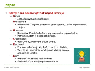 © RNDr. Marta Krajčíová 33 www.krajciova.sk
Nápad
 Každý z nás dokáže vytvoriť nápad, ktorý je:
– Simple
• Jednoduchý: Nájdite podstatu.
– Unexpected
• Prekvapivý: Zaujmite pozornosť-prekvapenie, udržte si pozornosť-
záujem.
– Concrete
• Konkrétny: Pomôžte ľuďom, aby rozumeli a zapamätali si.
• Pomôžte ľuďom k lepšej koordinácii.
– Credentialed
• Hodnoverný: Pomôžte ľuďom uveriť.
– Emotional
• Emočne zafarbený: Aby ľuďom na tom záležalo.
• Využite silu asociácie. Apelujte na vlastný záujem.
• Apelujte na identitu.
– Story
• Príbehy: Povzbuďte ľudí k činom.
• Dodajte ľuďom energiu potrebnú na čin.
 