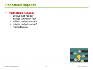 © RNDr. Marta Krajčíová 36 www.krajciova.sk
Hodnotenie nápadov
 Hodnotenie nápadov
– Zoskupovať nápady
– Zapojiť správnych ľudí
– Kritéria rozhodovania-1
– Kritéria rozhodovania-2
– Rozhodovanie
 