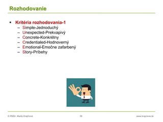 © RNDr. Marta Krajčíová 39 www.krajciova.sk
Rozhodovanie
 Kritéria rozhodovania-1
– Simple-Jednoduchý
– Unexpected-Prekvapivý
– Concrete-Konkrétny
– Credentialed-Hodnoverný
– Emotional-Emočne zafarbený
– Story-Príbehy
 