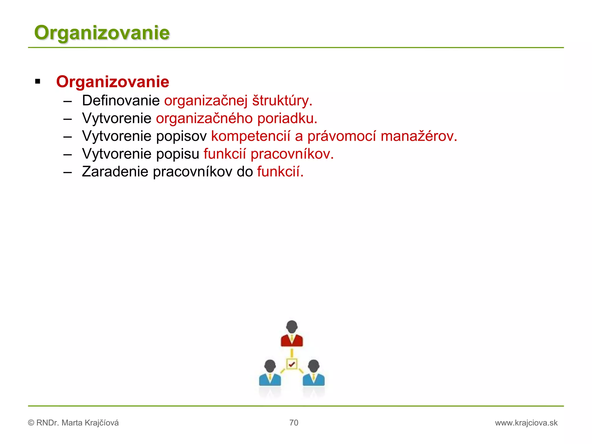 © RNDr. Marta Krajčíová 70 www.krajciova.sk
Organizovanie
 Organizovanie
– Definovanie organizačnej štruktúry.
– Vytvorenie organizačného poriadku.
– Vytvorenie popisov kompetencií a právomocí manažérov.
– Vytvorenie popisu funkcií pracovníkov.
– Zaradenie pracovníkov do funkcií.
 