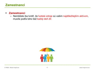 © RNDr. Marta Krajčíová 17 www.krajciova.sk
Zamestnanci
 Zamestnanci
– Nemôžete iba tvrdiť, že ľudské zdroje sú vašim najdôležitejším aktívom,
musíte podľa toho tiež každý deň žiť.
 