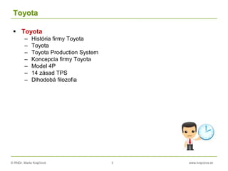 © RNDr. Marta Krajčíová 3 www.krajciova.sk
Toyota
 Toyota
– História firmy Toyota
– Toyota
– Toyota Production System
– Koncepcia firmy Toyota
– Model 4P
– 14 zásad TPS
– Dlhodobá filozofia
 