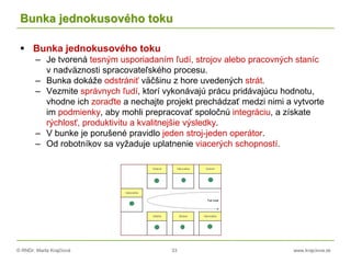 © RNDr. Marta Krajčíová 33 www.krajciova.sk
Bunka jednokusového toku
 Bunka jednokusového toku
– Je tvorená tesným usporiadaním ľudí, strojov alebo pracovných staníc
v nadväznosti spracovateľského procesu.
– Bunka dokáže odstrániť väčšinu z hore uvedených strát.
– Vezmite správnych ľudí, ktorí vykonávajú prácu pridávajúcu hodnotu,
vhodne ich zoraďte a nechajte projekt prechádzať medzi nimi a vytvorte
im podmienky, aby mohli prepracovať spoločnú integráciu, a získate
rýchlosť, produktivitu a kvalitnejšie výsledky.
– V bunke je porušené pravidlo jeden stroj-jeden operátor.
– Od robotníkov sa vyžaduje uplatnenie viacerých schopností.
 