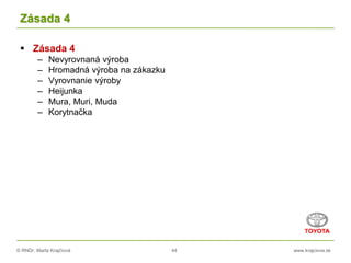 © RNDr. Marta Krajčíová 44 www.krajciova.sk
Zásada 4
 Zásada 4
– Nevyrovnaná výroba
– Hromadná výroba na zákazku
– Vyrovnanie výroby
– Heijunka
– Mura, Muri, Muda
– Korytnačka
 
