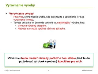 © RNDr. Marta Krajčíová 47 www.krajciova.sk
Vyrovnanie výroby
 Vyrovnanie výroby
– Prvá vec, ktorú musíte urobiť, keď sa snažíte o uplatnenie TPS je
vyrovnanie výroby.
– Toyota prišla na to, že môže vytvoriť tu „najštíhlejšiu“ výrobu, keď:
• Vyrovná výrobný program.
• Nebude sa snažiť vyrábať vždy na zákazku.
Zákazníci budú musieť niekedy počkať o čosi dlhšie, keď budú
požadovať výrobok vyrobený špeciálne pre nich.
 