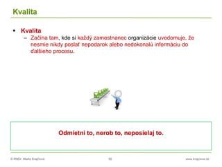 © RNDr. Marta Krajčíová 56 www.krajciova.sk
Kvalita
 Kvalita
– Začína tam, kde si každý zamestnanec organizácie uvedomuje, že
nesmie nikdy poslať nepodarok alebo nedokonalú informáciu do
ďalšieho procesu.
Odmietni to, nerob to, neposielaj to.
 