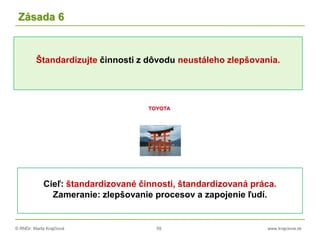 © RNDr. Marta Krajčíová 59 www.krajciova.sk
Štandardizujte činnosti z dôvodu neustáleho zlepšovania.
Zásada 6
Cieľ: štandardizované činnosti, štandardizovaná práca.
Zameranie: zlepšovanie procesov a zapojenie ľudí.
 