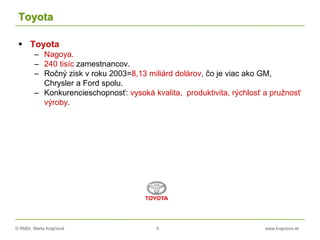 © RNDr. Marta Krajčíová 6 www.krajciova.sk
Toyota
 Toyota
– Nagoya.
– 240 tisíc zamestnancov.
– Ročný zisk v roku 2003=8,13 miliárd dolárov, čo je viac ako GM,
Chrysler a Ford spolu.
– Konkurencieschopnosť: vysoká kvalita, produktivita, rýchlosť a pružnosť
výroby.
 