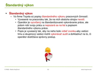 © RNDr. Marta Krajčíová 63 www.krajciova.sk
Štandardný výkon
 Štandardný výkon
– Vo firme Toyota sú popisy štandardného výkonu pracovných činností:
• Vyvesené na pracovisku tak, že na nich obsluha strojov nevidí.
• Operátor je vycvičený na štandardizované vykonávanie práce, ale
potom robí svoju prácu a nepozerá sa na list s popisom
štandardného výkonu práce.
• Popis je vyvesený tak, aby na neho bolo vidieť zvonku-aby vedúci
tímu a skupinový vedúci mohli vykonávať audit a dohliadnuť na to, či
operátor dodržiava správny postup.
 