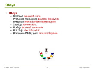© RNDr. Marta Krajčíová 73 www.krajciova.sk
Obeya
 Obeya
– Spoločná miestnosť, zóna.
– Prístup do nej majú iba poverení pracovníci.
– Umožňuje rýchle a presné rozhodovanie.
– Zlepšuje komunikáciu.
– Udržuje jednotné zameranie.
– Urýchľuje zber informácií.
– Umocňuje dôležitý pocit tímovej integrácie.
 