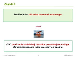 © RNDr. Marta Krajčíová 75 www.krajciova.sk
Používajte iba dôkladne preverené technológie.
Zásada 8
Cieľ: používanie spoľahlivej, dôkladne preverenej technológie.
Zameranie: podpora ľudí a procesov-nie opačne.
 