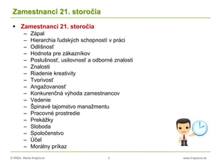 © RNDr. Marta Krajčíová 2 www.krajciova.sk
Zamestnanci 21. storočia
 Zamestnanci 21. storočia
– Zápal
– Hierarchia ľudských schopností v práci
– Odlišnosť
– Hodnota pre zákazníkov
– Poslušnosť, usilovnosť a odborné znalosti
– Znalosti
– Riadenie kreativity
– Tvorivosť
– Angažovanosť
– Konkurenčná výhoda zamestnancov
– Vedenie
– Špinavé tajomstvo manažmentu
– Pracovné prostredie
– Prekážky
– Sloboda
– Spoločenstvo
– Účel
– Morálny príkaz
 