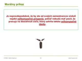 © RNDr. Marta Krajčíová 32 www.krajciova.sk
Morálny príkaz
Je nepravdepodobné, že by ste od svojich zamestnancov získali
nejaké veľkomyseľné prispenie, pokiaľ nebudú mať pocit, že
pracujú na dosiahnutí cieľa, ktorý zahŕňa takéto veľkomyseľné
ideály.
 