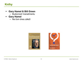 © RNDr. Marta Krajčíová 33 www.krajciova.sk
Knihy
 Gary Hamel & Bill Green
– Budúcnosť manažmentu
 Gary Hamel
– Na čom dnes záleží
 