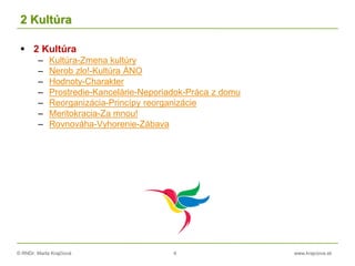 © RNDr. Marta Krajčíová 4 www.krajciova.sk
2 Kultúra
 2 Kultúra
– Kultúra-Zmena kultúry
– Nerob zlo!-Kultúra ÁNO
– Hodnoty-Charakter
– Prostredie-Kancelárie-Neporiadok-Práca z domu
– Reorganizácia-Princípy reorganizácie
– Meritokracia-Za mnou!
– Rovnováha-Vyhorenie-Zábava
 