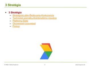 © RNDr. Marta Krajčíová 5 www.krajciova.sk
3 Stratégia
 3 Stratégia
– Strategický plán-Škálovanie-Konkurencia
– Technické poznatky-Kombinatórna inovácia
– Platformy-Siete
– Otvorenosť-Uzavretosť
– Postup
 